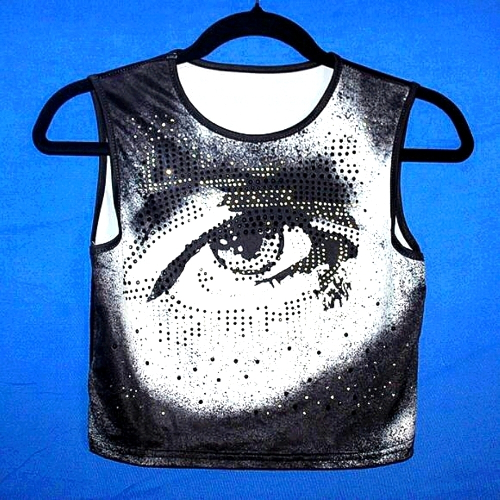 Graphic Eye Sequin Crop Top Black White Medium